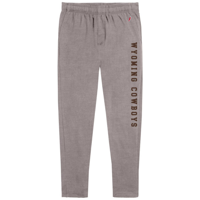 Light brown jogger pants. Wyoming Cowboys in brown going down the left outer leg, near seam.