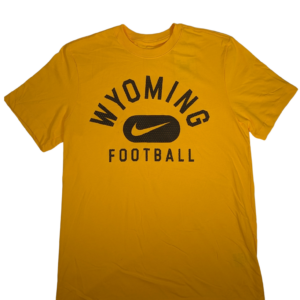 Gold short sleeve tee with Arced wyoming in brown with boxed gold nike swoosh with football in brown under.