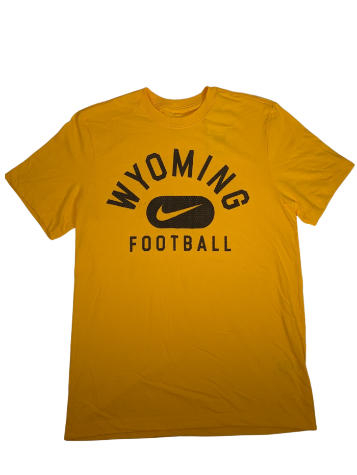 Gold short sleeve tee with Arced wyoming in brown with boxed gold nike swoosh with football in brown under.