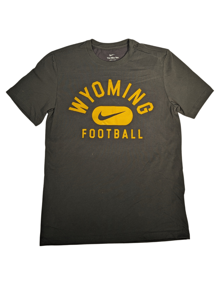 grey short sleeve tee with Arced wyoming in gold with boxed grey nike swoosh with football in gold under.