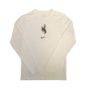 White nike long sleeve tee with medium brown bucking horse and nike swoosh