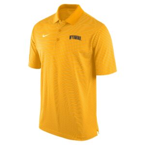 Gold with white striped polo. Wyoming Arced and in brown on left chest. White nike swoosh on right chest