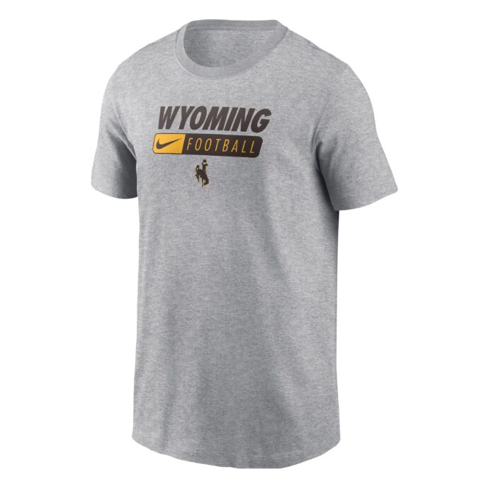 grey youth short sleeve tee with block wyoming in black, with football, in gold, boxed in brown under, left, brown swoosh with gold fill