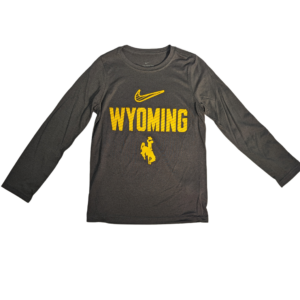 Grey youth long sleeve tee with block wyoming in gold on center chest with shoosh in gold above and bucking horse under, both in gold