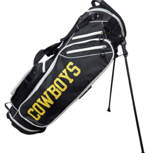 Black fairway golf bag with stand and back straps. White trim with black body, Gold cowboys on right pocket with gold bucking horse on front pocket