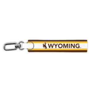 oversized key strap with brown gold and white stripes. Wyoming and bucking horse in brown with white outline. Chrome carabiner at one end