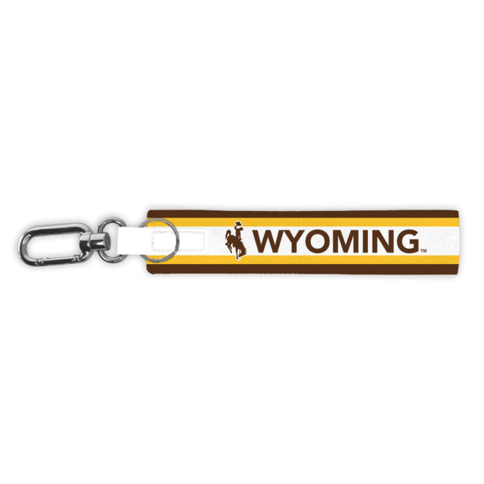 oversized key strap with brown gold and white stripes. Wyoming and bucking horse in brown with white outline. Chrome carabiner at one end