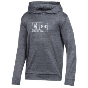 Grey youth hooded sweatshirt with, white, boxed bucking horse next to under armor logo. under box is wyoming cowboys in white