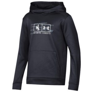 Black youth hooded sweatshirt with, white, boxed bucking horse next to under armor logo. under box is wyoming cowboys in white