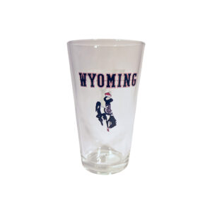 16 ounce pint glass,clear with printed design on two sides. Wyoming with bucking horse under in state flag colors