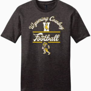 Brown short sleeve tee with arced script wyoming cowboy, large W under arc, with football in script below. Pistol pete playing football at bottom of design