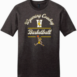 Brown short sleeve tee with arced script wyoming cowboy, large W under arc, with basketball in script below. Pistol pete playing basketball at bottom of design