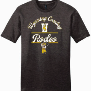 Brown short sleeve tee with arced script wyoming cowboy, large W under arc, with rodeo in script below. Pistol pete roping at bottom of design