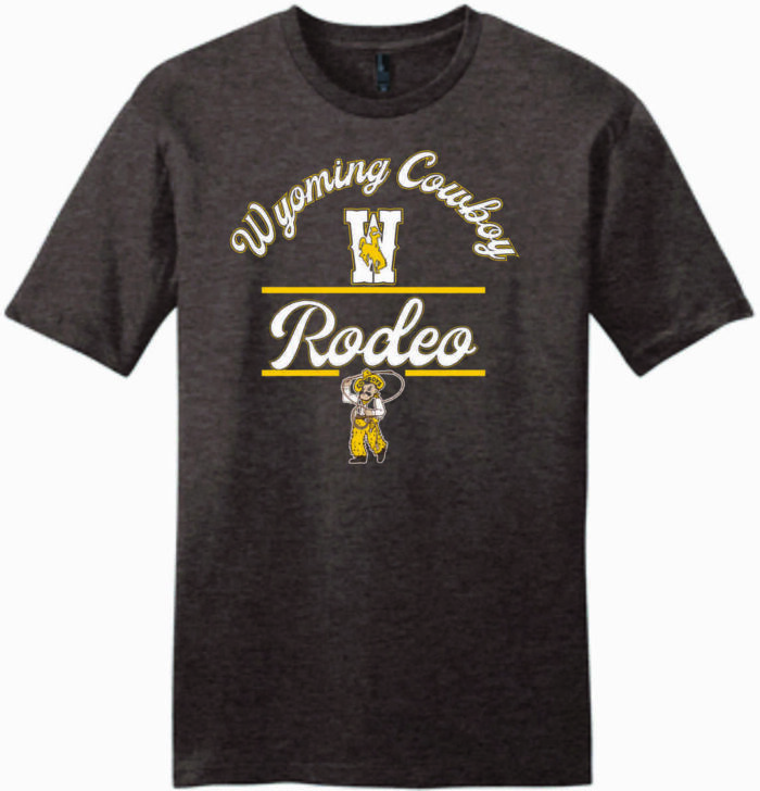 Brown short sleeve tee with arced script wyoming cowboy, large W under arc, with rodeo in script below. Pistol pete roping at bottom of design