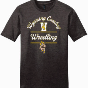 Brown short sleeve tee with arced script wyoming cowboy, large W under arc, with football in script below. Pistol pete wrestling at bottom of design