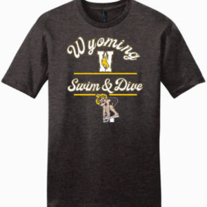 Brown short sleeve tee with arced script wyoming cowboy, large W under arc, with swim & dive in script below. Pistol pete diving at bottom of design