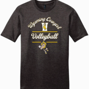 Brown short sleeve tee with arced script wyoming cowboy, large W under arc, with volleyball in script below. Pistol pete playing volleyball at bottom of design