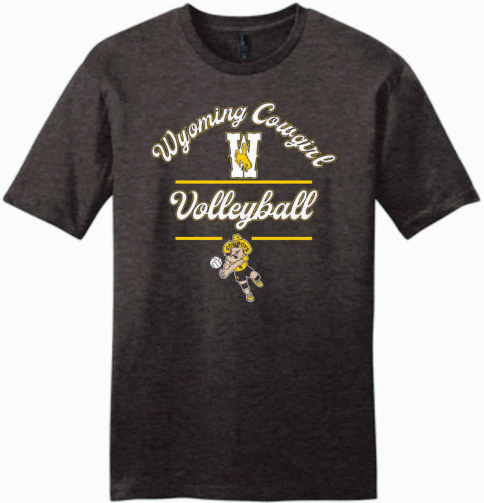 Brown short sleeve tee with arced script wyoming cowboy, large W under arc, with volleyball in script below. Pistol pete playing volleyball at bottom of design