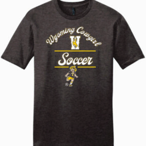 Brown short sleeve tee with arced script wyoming cowboy, large W under arc, with soccer in script below. Pistol pete playing soccer at bottom of design
