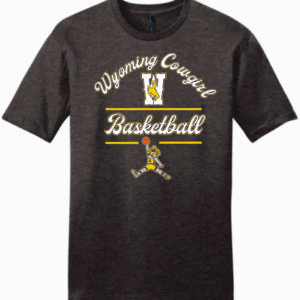 Brown short sleeve tee with arced script wyoming cowgirl, large W under arc, with basketball in script below. Pistol pete playing basketball at bottom of design