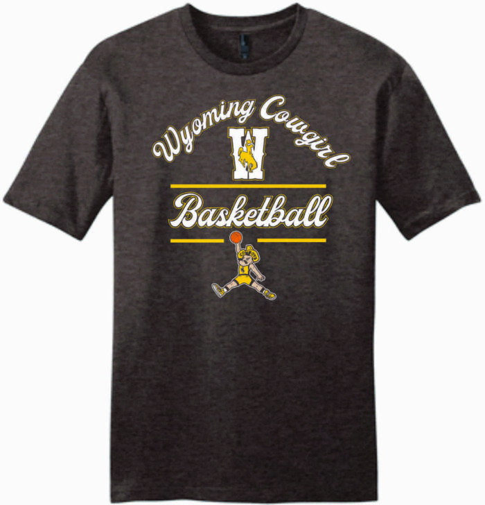 Brown short sleeve tee with arced script wyoming cowgirl, large W under arc, with basketball in script below. Pistol pete playing basketball at bottom of design