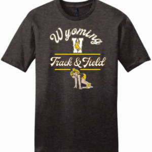 Brown short sleeve tee with arced script wyoming cowboy, large W under arc, with track & field in script below. Pistol pete at starting line at bottom of design