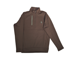 brown 1/4 zip jacket. zipper pocket on right chest with grey bucking horse on left chest