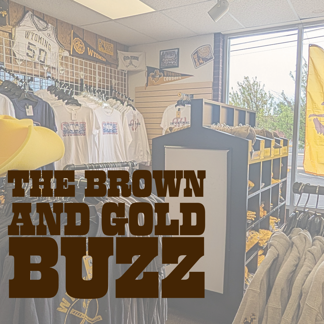 Image is of the brown and gold outlet store interior with text, the brown and gold buzz in left side
