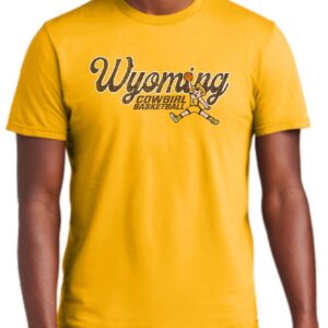 Gold short sleeve tee with script wyoming in brown with gold outline. Cowgirl basketball under in brown with pistol pete to the left playing bball