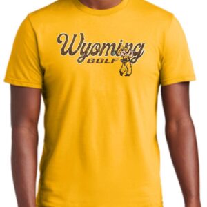 Gold short sleeve tee with script wyoming in brown with gold outline. Golf under in brown with pistol pete to the left playing golf