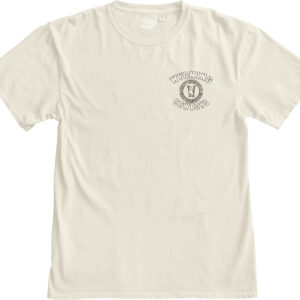 front of ivory short sleeve tee with design in white with brown outline on left chest and back wyoming at top with circle under. in circle is W with bucking horse. under circle, cowboys