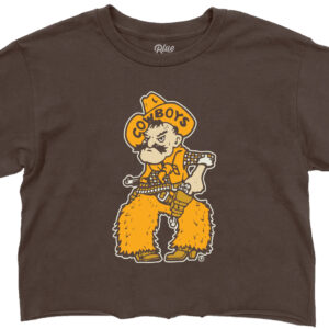 brown crop top short sleeve with in color, gold, brown, tan, pistol pete. pete is approximately 8 inches by 4 inches