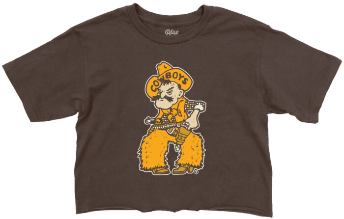 brown crop top short sleeve with in color, gold, brown, tan, pistol pete. pete is approximately 8 inches by 4 inches