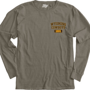 front, brown long sleeve tee with design on front and back. on front left chest wyoming cowboying in brown with gold outline.