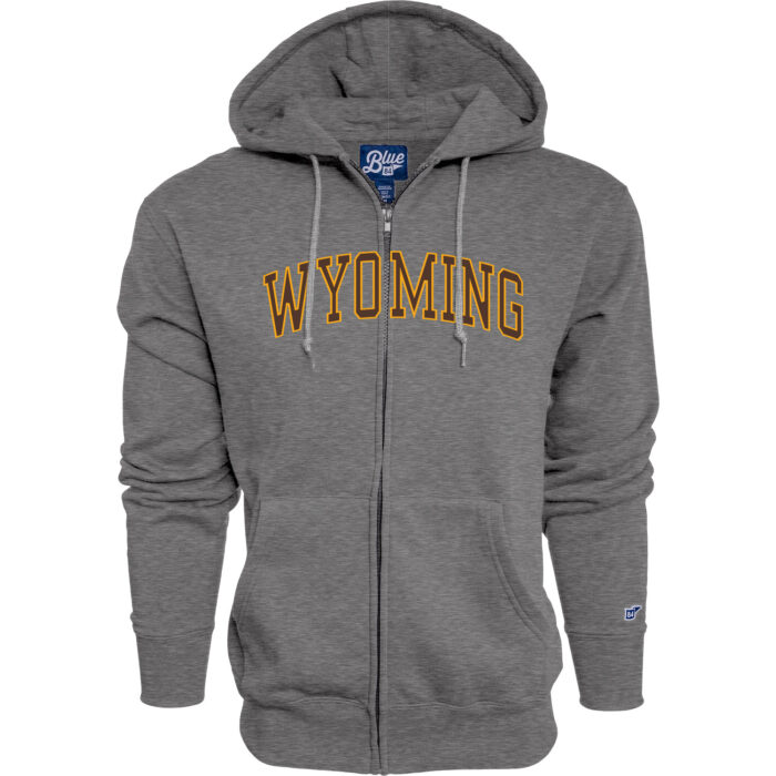 grey hooded full zip sweatshirt. on front, embroidered arced wyoming in brown with gold outline