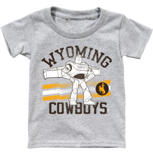 youth grey short sleeve tee with design. on front arced wyoming with buzz light year under and cowboys at bottom. text is brown and buzz is white and black