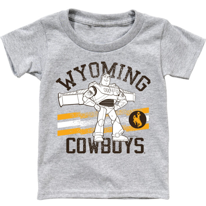 youth grey short sleeve tee with design. on front arced wyoming with buzz light year under and cowboys at bottom. text is brown and buzz is white and black