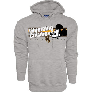 grey hooded sweatshirt with design on front. In white, wyoming cowboys with mickey mouse head to the left in black. Bucking horse below in brown