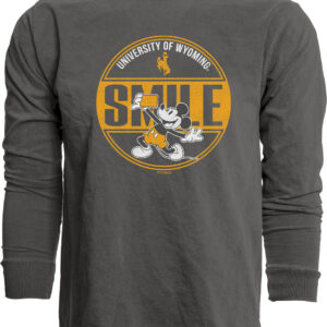 dark grey long sleeve tee with circle design. design is gold and white. in circle, university of wyoming at top in white. with smile in center in gray with gold color fill. mickey mouse at bottom