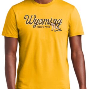 Gold short sleeve tee with script wyoming in brown with gold outline. Track and field under in brown with pistol pete to the left running