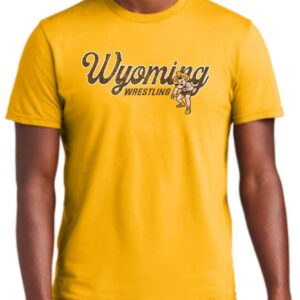 Gold short sleeve tee with script wyoming in brown with gold outline. Wrestling under in brown with pistol pete to the left wrestling