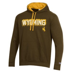 brown hooded sweatshirt with wyoming white in 3D style with gold outline and bucking horse