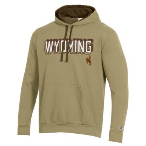 khaki hooded sweatshirt with wyoming white in 3D style with brown outline and bucking horse