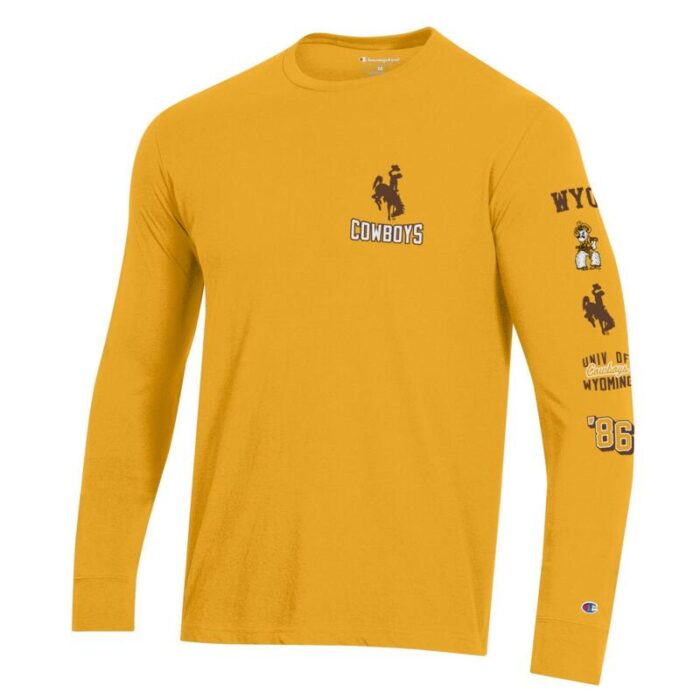 gold long sleeve tee with designs on front, back, and sleeve. on front reverse arced cowboys in left chest in white with brown outline and brown bucking horse above