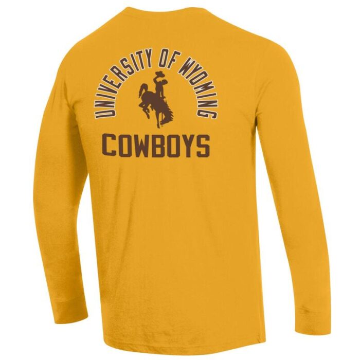 back of gold long sleeve tee with arced university of wyoming in brown with white outline, bucking horse in center and cowboys at bottom in brown