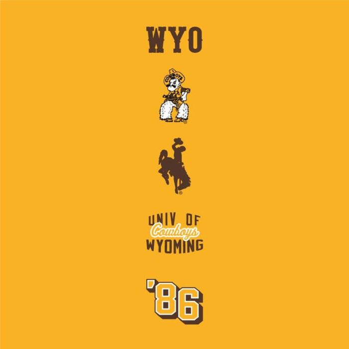 sleeve of long sleeve gold tee. Wyo in brown NCAA text with pistol pete under, brown bucking horse under, university of wyoming under, at bottom 86