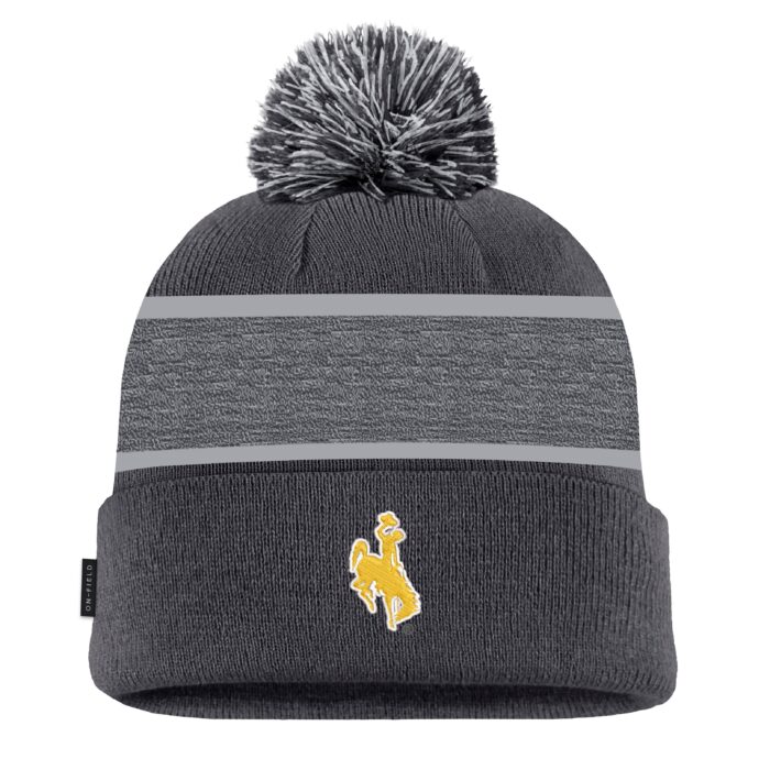 dark grey hat with black and white pom at top and light grey stripe in center of hat. gold bucking horse one side and nike swoosh with wyoming on other