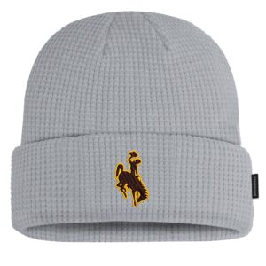 light grey hat with waffle texture. Brown bucking horse with gold outline on brim on one side, cowboys in gold on rim on other side