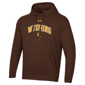 brown hooded sweatshirt with design center chest. Gold arced wyoming with white outline and gold bucking horse under