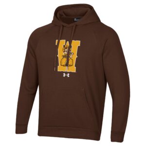 brown hooded sweatshirt with design center chest. Design is large W in gold with white outline and an in-color pistol pete over top of W